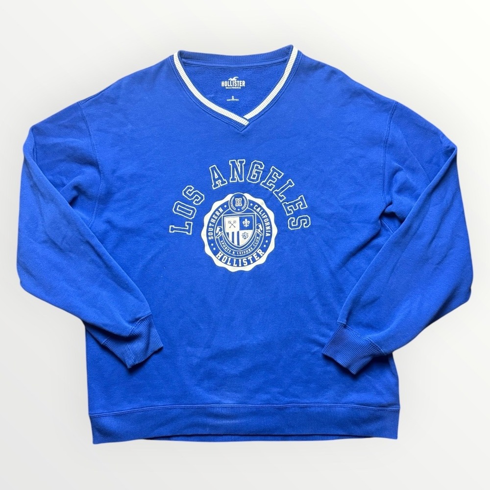 Hollister Los Angeles V-Neck Sweatshirt Blue Graphic Pullover Small